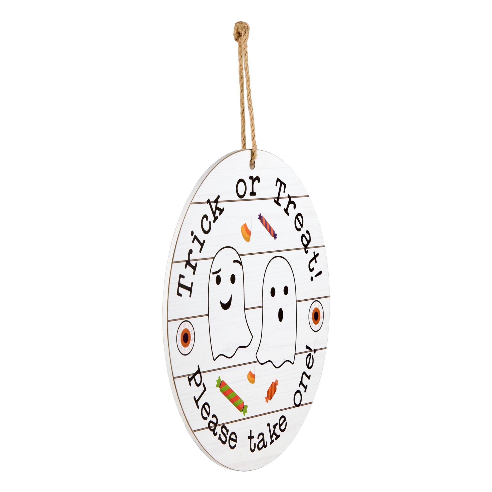 12" White Hanging Double-Sided Trick or Treat/Out of Candy Round Plank Sign